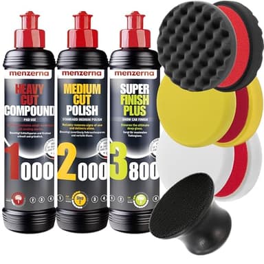Menzerna Auto Politur Set | Heavy Cut Compound 1000 + Medium Cut 2000 + Super Finish Plus 3800 + 3 Menzerna Polierpads 85mm + Applikator | Autopolitur