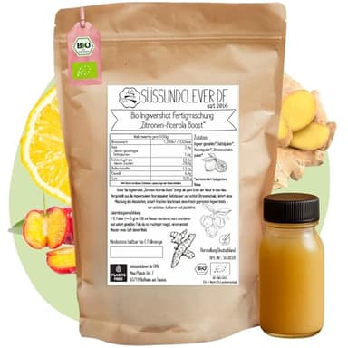 süssundclever.de® Bio Ingwershot Pulver "Zitronen-Acerola Boost" | 200g - 40 Shots | Mit Acerola, Dattelsüße und Zitronenschalenpulver | vegan und ohne Zuckerzusatz