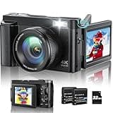 4K Digitalkamera 48MP Kompaktkamera Fotokamera Autofokus mit 180° Flip-Bildschirm,16X Digital Zoom Kompaktkamera Fotoapparat mit 32GB Karte,2 Batterien für Anfänger