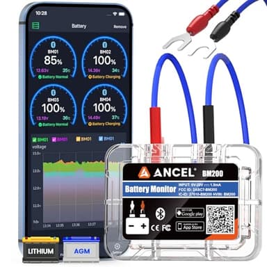 ANCEL BM200Blue Batterie Monitor für 12V Lithium(LiFePO4) & Bleibatterien(Nass,EFB,AGM,Gel), Auto Batteriewächter Bluetooth Batterietester mit Start-&Lade Test, Alarm, Record Voltage History