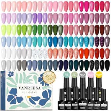 VANREESA U V Gel Nagellack Set, 45 Farben Gel Nagellack Set Rosa Blau Lila Braun Gelnägel Selber Set mit Unterlack und Überlack Maniküre Starterset Nageldesign Geschenk für Frauen
