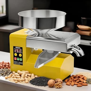 flatpincololee R8S Elektrische Ölpresse aus Edelstahl 1500W | Automatische Ölpressmaschine mit Großem 235mm Trichter | 5–9kg/h | Olivenpresse Für Zuhause, Kleinbetrieb & Gewerbe – Gelb