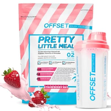 OFFSET Nutrition Abnehm Shake Strawberry [nur 208 KCAL pro Shake] mit Shaker - 28 Portionen | Mahlzeitersatz | Diät mit 24 Vitaminen & Mineralien | Glutenfreie Trinkmahlzeit
