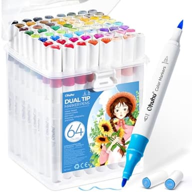 Ohuhu Marker Stifte auf Wasserbasis, 63+1 Farben Filzstifte Set Doppelspitze Marker für Erwachsenen Künstler für Comics Skizzieren Kalligraphieren Zeichnen