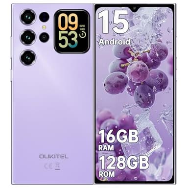 OUKITEL C62 Android 15 Smartphone Ohne Vertrag - 6.88" HD+ Handy mit Rückseitigem Display 16GB RAM+128GB ROM/1TB, 5000mAh Handy Günstig, Dual SIM Simlockfreie Handys/Face ID/GPS/OTG - Violett