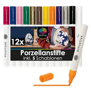 OfficeTree 12x Porzellanstifte Spülmaschinenfest - 12 Farben und 5 Schablonen - Glas und Porzellanstifte auf Wasserbasis - Glasmalstifte Spülmaschinenfest - Keramikstifte zum bemalen und verzieren