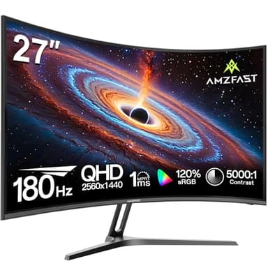 Amzfast Curved Gaming Monitor 27 Zoll - 180Hz, QHD 2560x1440, 1500R, 1ms MPRT, Adaptive Sync, 120% DCI-P3 | 5000:1 Kontrast, HDR10, 300 cd/m², VESA 100×100, HDMI 2.0×2, DP 1.2×2 - AMZG27C1Q