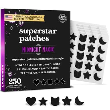 LivaClean 250CT Pickel Patch Sterne Midnight Magic Black with Tea Tree Oil – Hydrocolloid Pimple Patches for Face, Anti Pickel Patches, Pimple Pflaster, Acne Patch