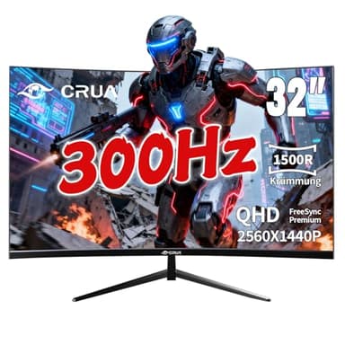CRUA 32 Zoll Curved Gaming Monitor, WFHD 2560x1440P, 300Hz, 1ms, 1500R VA Panel, 120% sRGB, AMD FreeSync, HDMI & DisplayPort, Ultra-Wide PC Monitor für Gaming & Office, Wandmontage - Schwarz