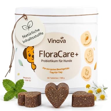 FloraCare+ Probiotika Hund – Darmkur bei Durchfall, Blähungen & Sodbrennen | Darmflora aufbauen & Magen-Darm stärken | Präbiotika + Probiotika für Hunde | Magenschutz & Darmwohl | 60 Stück