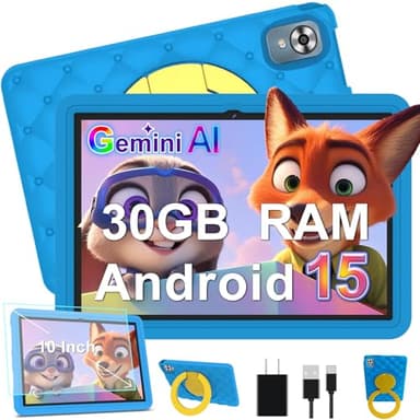 DMOAO Kinder Tablet 10 Zoll Android 15 mit 30GB RAM + 64GB ROM(2TB), 5G WLAN 6, Widevine L1, Elterliche Kontrolle, 8-Core, 6000 mAh, Kids Tablet mit Kinder Hülle Eva + 360° Drehbarer Ständer, Blau