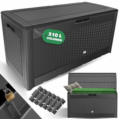 KESSER® Auflagenbox Kissenbox 𝟯𝟭𝟬𝗟, Klicksystem, mit Rollen & Haltegriffen, Deckel mit Hubautomatik, abschließbar, bis zu 290kg, Gartenbox Wasserdicht, Vielseitige Kissenbox, Rattanoptik-Anthrazit