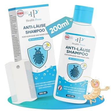Health Press Anti-Läuse-Shampoo – 200 ml Vorteilspackung – Läuse Shampoo inkl. Läusekamm – Läuseshampoo Familienpackung für Erwachsene, Kinder – In EU zugelassenes Medizinprodukt in Apothekenqualität
