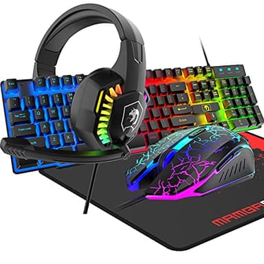 4-in-1 Gaming-Tastatur mit Kabel, 104 Tasten, 3D-Stereo-Gaming-Headset, Combo mit Multi-RGB-Hintergrundbeleuchtung, ergonomisches verstellbares Mikrofon, 2400 DPI, großes Mauspad, wasserdicht