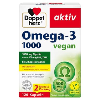 Doppelherz Omega-3 1000 vegan - Hochdosierte Omega-3-Fettsäuren EPA und DHA aus pflanzlichem Algenöl - 120 kleine, leicht schluckbare Kapseln