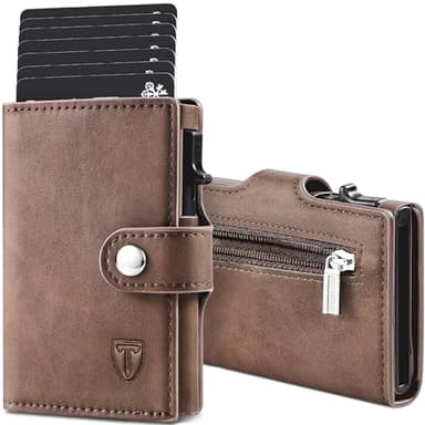 TENBST Slim Wallet mit Münzfach, Geldbörse Herren RFID Schutz, Kunstleder Portmonee Herren, Automatisches Pop-up-Kreditkartenetui, Braun, Classic