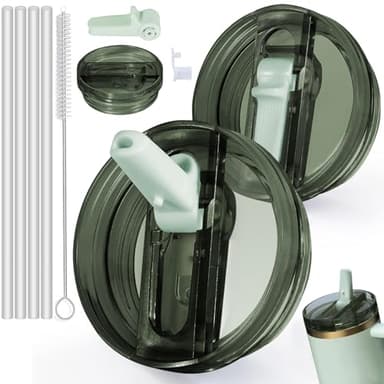 2 Stück Stanley Cup Deckel 40oz,Stanley Deckel Auslaufsicher,Auslaufsicherer Ersatzdeckel mit 4 Trinkhalmen and 1 Strohhalm Bürste,Ersatzdeckel für Stanley Cup Zubeahör