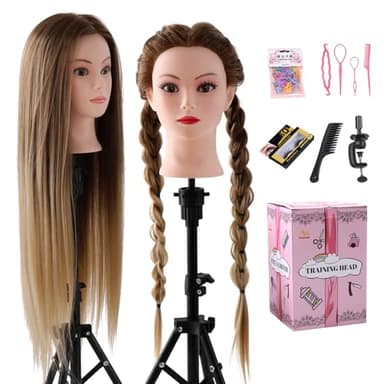Frisierkopf Echthaar Friseur Übungskopf 24 Zoll Frisieren Trainingsköpfe für Friseure Ausbildung Kopf Mit Halter + DIY Haare Set
