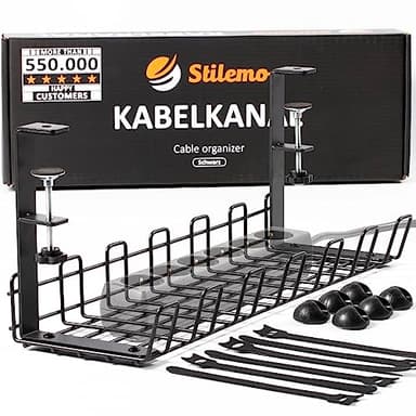Stilemo Kabelkanal Schreibtisch ohne Bohren - Kabelmanagement Schreibtisch für Ordnung am Arbeitsplatz ohne Schrauben - Kabelhalter Kabelwanne Tisch - Kabelkanal mit Klemme - 39x13x16cm - Schwarz