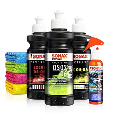 Politur Set: Sonax ExCut 05-05 + Ex 04-06 + OS 02-06 (je 250ml) + Sonax Ceramic Spray Versiegelung - Zur starken Defektkorrektur und maximalen Hochglanz - Auto polieren | 8-teilig