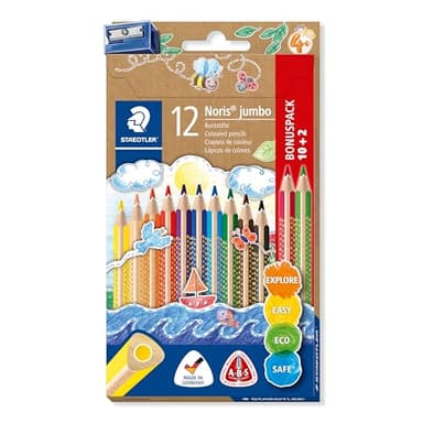 STAEDTLER Buntstift Noris jumbo, erhöhte Bruchfestigkeit, Dreikantform, ABS-System, attraktive Sternchenprägung, Bonuspack mit 12 brillanten Farben und einem Spitzer, 128 NC12P1