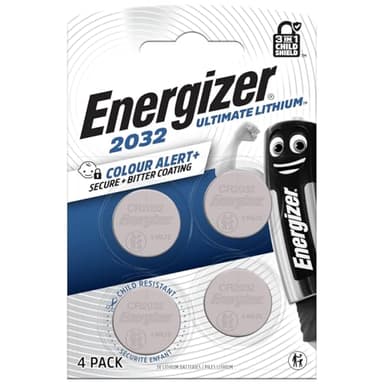 Energizer Ultimate Lithium - CR 2032 Knopfzelle 3V Batterien (4 Stück) - Weltweit erster 3 in 1 Kinderschutz Neuer Farbwarn-Technologie - Air Tag, Autoschlüssel, Fitnesstracker, medizinische Geräte