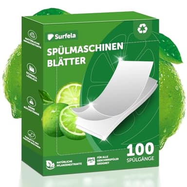 Surfela Spülmaschinen Blätter – 100 Spülgänge, Plastikfrei & Nachhaltig, Kraftvolle Reinigung mit Protease-Enzymen gegen Eiweiß & Fett, Umweltfreundlicher Ersatz für Spülmaschinentabs