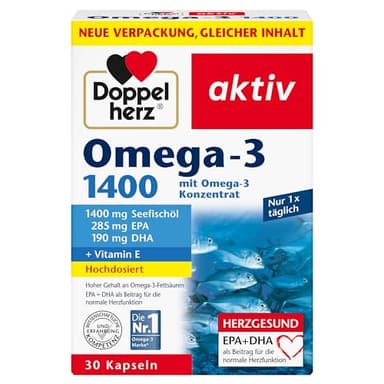 Doppelherz Omega-3 1400 - Hochdosiertes Omega-3-Konzentrat plus Vitamin E - Hoher Gehalt an Omega-3-Fettsäuren EPA & DHA - 30 Kapseln