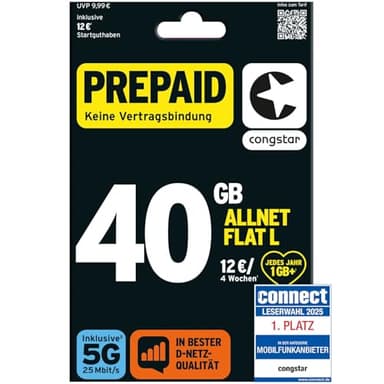 congstar Prepaid ALLNET L SIM-Karte ohne Vertrag I 40 GB Vielsurfer Prepaid-Paket in D-Netz-Qualität I 5G mit 25 Mbit/s + 12€ Startguthaben I Telefonie & SMS Flat in alle dt. Netze I EU-Roaming inkl.