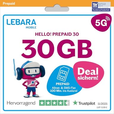 LEBARA Prepaid SIM-Karte mit Hello! 30 Prepaid Tarif ohne Vertrag | Allnet Flat Telefonie & SMS, 30 GB Datenvolumen inkl. 5G und 100 Frei-Min. ins Ausland