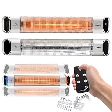 Arebos Infrarot Heizstrahler 2000 W | mit Fernbedienung | 2 Heizstufen | 60° Neigung inkl. Montagematerial | Wärmestrahler Terrassenstrahler Terrassenheizer Deckenstrahler | Silber