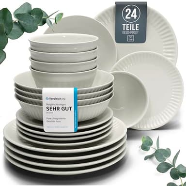 Steingut Geschirrset 6 Personen Hygge 24 tlg. TESTSIEGER, Traumhaftes Skandinavisches Steingut Geschirr Set, Schüssel- und Teller Set, Tafelservice 6 Personen, Geschirrsets Pure Living in Beige
