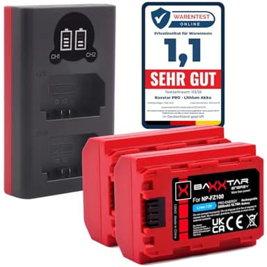 Baxxtar Dual LCD USB Ladegerät + 2x Akku NP-FZ100 2600mAh kompatibel mit Sony Alpha 6600 6700 A6600 A6700 A1 A9 9 R S II A7 III IV A7R 7 C 7CR 7S 7R A7III R V R3 R4 FX3 FX30 A7C2 A7R3 NPFZ100 NP FZ100