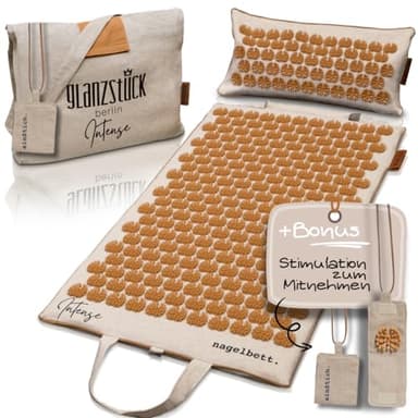 Glanzstück Berlin® Health Collection: XL Akupressurmatte Set INTENSE aus Leinen, Hilfe bei Verspannungen, Rückenschmerzen, Massagematte mit Kissen (Wärmefunktion) & Tasche, nachhaltig