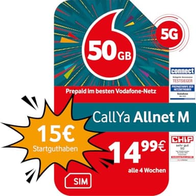 Vodafone Prepaid CallYa M | 50 GB | 15 EUR Startguthaben | ohne Vertrag | 5G-Netz | Telefon- SMS-Flat | EU-Roaming