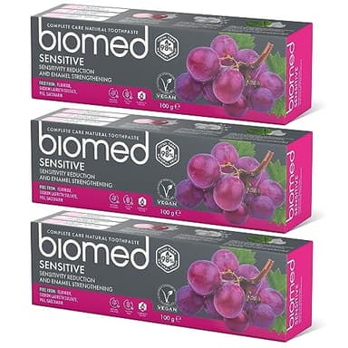 BIOMED – Sensitive Zahnpasta 3 x 100 g, stärkt den Zahnschmelz und reduziert die Empfindlichkeit, beruhigt das Zahnfleisch und schützt vor Karies, frei von Fluorid, SLS, PEG, Saccharin