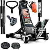 Wagenheber 3T, 75-505 mm + 2X Gummiauflage + Montagehandschuhe Extra Flacher Rangierwagenheber mit Doppelkolben Doppelpumpsystem und Fußschnellhub Fußpedal Auto Heber Unterstellbock Modellwahl