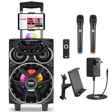 Pyle Partybox Bluetooth Lautsprecher Groß, 580W Musikbox, Boombox mit Lichtern & Rollen, inkl. 2 Kabellose Mikrofone, Super Bass, USB/SD/AUX/RCA/FM, Aufladbare Akku, für Party Outdoor & Zuhause