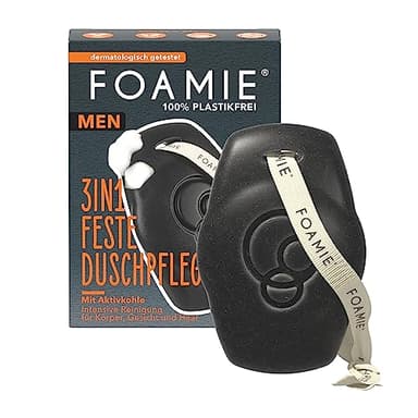 Foamie Men 3in1 Festes Duschgel & Shampoo Aktivkohle Rosenholz – Für Körper, Gesicht & Haar – Kräftig-holziger Duft, gründliche Reinigung & Pflege – Vegan, plastikfrei & pH-hautneutral, 90 g