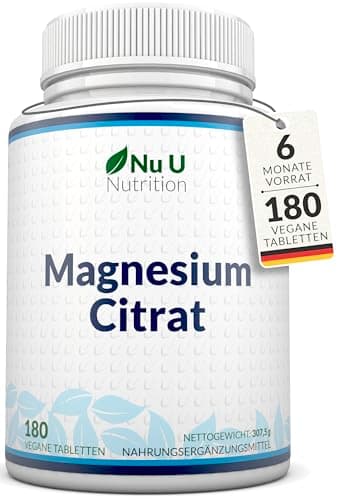 Nu U Nutrition - Magnesiumcitrat Tabletten - 700mg - 180 Vegane Tabletten - Premium Magnesiumcitrat - Hochdosiert 200mg pro Tablette - 6 Monates vorrat