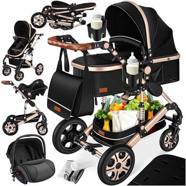 KESSER® Loops 4 in 1 Kinderwagen Kombikinderwagen Komplett-Set inkl. Babywanne & Buggy Sportsitz & Auto-Babyschale Voll-Gummireifen Wickeltasche Regenschutz Kindertisch ECE R129, Schwarz/Champagne
