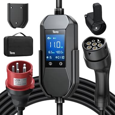 Tera Mobile Wallbox EV Ladegerät Ladestation : 11kW CEE 16A auf Typ 2 IP66 3-Phasig 7.5m 2,8” Steuerbarer Digitalanzeige für Model Y/3, ID.3/4/5, MG4, EX30, e-up, e-tron, Zoe und Andere EV P06