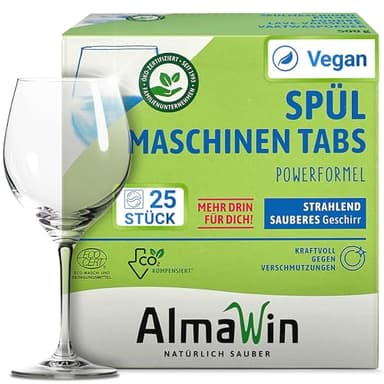 AlmaWin® Spülmaschinentabs [25 Stück] mit Powerformel für strahlend sauberes Geschirr - Öko Spülmaschinentabs für leichte Dosierung - Kraftvolle Geschirrspültabs - Ohne Phosphat, Bio & VEGAN