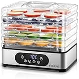 FOHERE Dörrautomat Edelstahl, Dörrgerät mit 5 höhenverstellbaren Tabletts, LED-Anzeige, 420W, 35-70°C, 48h-Timer, für Lebensmittel, Pilze, Früchte, Fleisch, Fisch, Gemüse, BPA frei