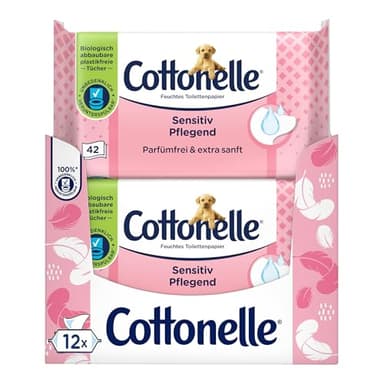 Cottonelle Feuchtes Toilettenpapier, Sensitive Pflegend - Parfümfrei, Biologisch Abbaubar, Plastikfrei, Wiederverschließbar, Vorteilspack, 12 x 42 Feuchttücher