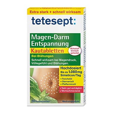 tetesept Magen-Darm Entspannung Kautabletten - mit Kräutergeschmack – Medizinprodukt zur Anwendung bei Blähungen, Völlegefühl & Magendruck - hochdosiert mit Simeticon – 1 x 20 Stück