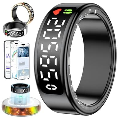 Smart Ring für Damen Herren, Smartringe mit LED Anzeige, Fitness Tracking Ring IP68, Schlaf Health Ring, Gesundheitsring mit Android/iOS,Schrittzähler/Herzfrequenz/SpO2/Aktivitätstracker (Schwarz, 15)