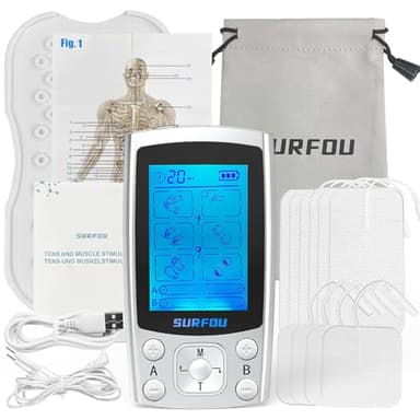 SURFOU TENS Gerät Schmerztherapie, 2 Kanäle Wehen Simulator mit 6 Modi 20 Intensitätsstufen, 3 in 1 TENS/EMS Reizstromgerät zur Muskelstimulation, Massage, Schmerztherapie, Wärmetherapie