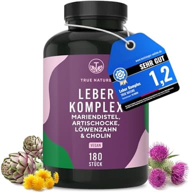 Leber Komplex - Testsieger-Online 11/25 - 180 Kapseln mit Mariendistel, Artischocke, Löwenzahn & Cholin – mit 480 mg Silymarin – Unterstützt die Leber durch Cholin* – TRUE NATURE
