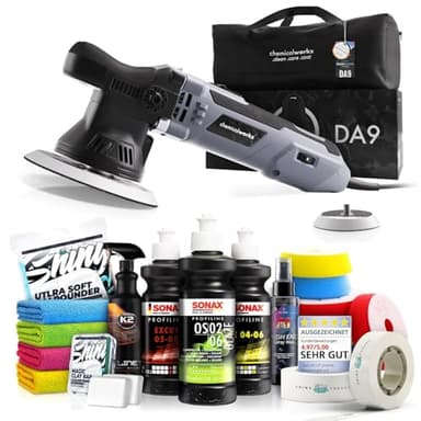 Poliermaschinen Set: chemicalworkz DA9 Exzenter Poliermaschine + Sonax Politur Set + Royal Pads Premium Polierpads + Dr. Wack Versiegelung für Lack + Zubehör | 20-teilig